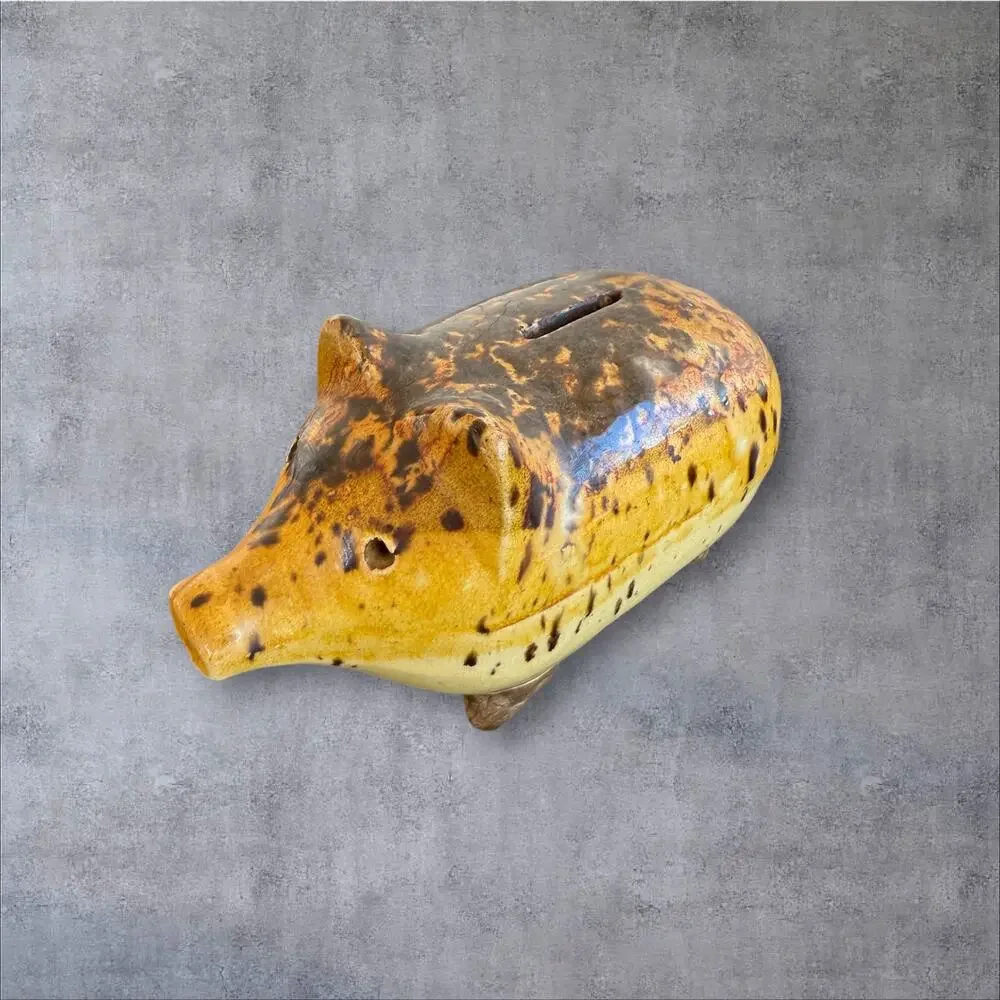 Antique American Piggy Bank Rockingham Glaze Yellow Ware Bennington Early 1900s